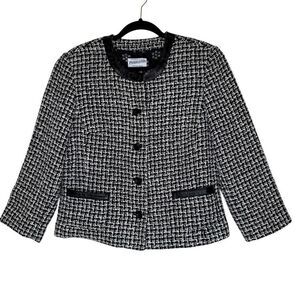 Vintage Pendleton Jacket Black/White Silk Tweed, Silk Lining, Leather Trim Sz 10